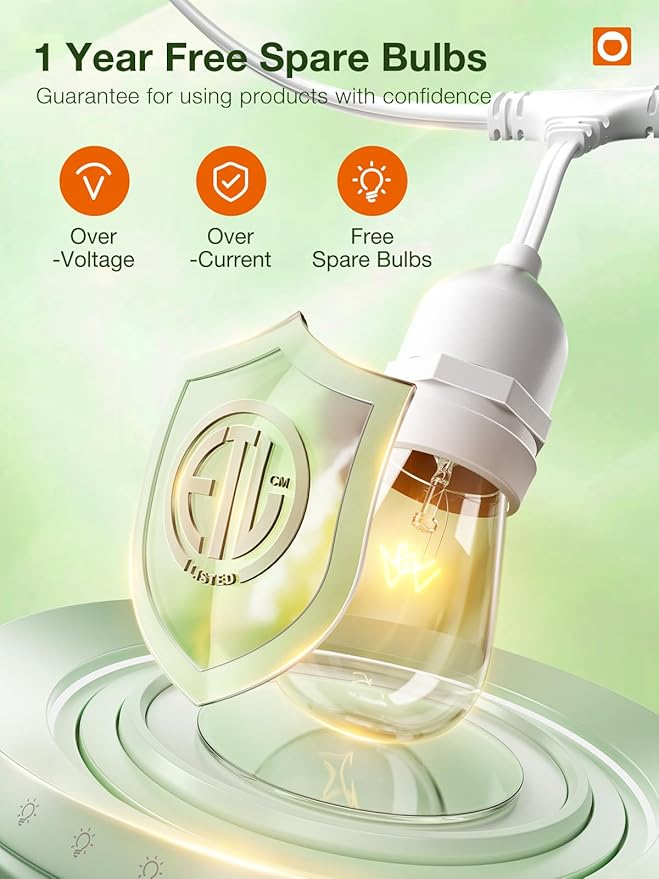 addlon 96FT(48FT*2) Outdoor String Lights White Commercial Grade Weatherproof Strand, 36 Edison Vintage Bulbs, 30 Hanging Sockets 6 Spare Bulbs, ETL Listed Decorative Lights for Patio Garden-VerdiqueGarden