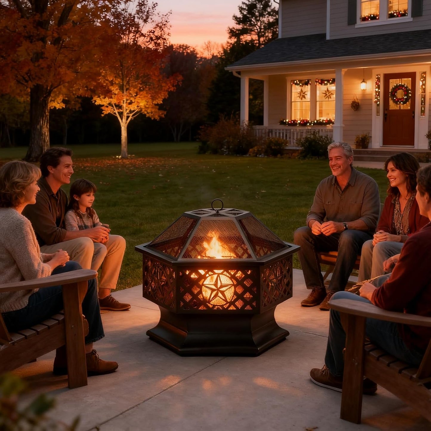 28 Inch Hexagonal Fire Pit,Wood Burning Firepits for Outside with Spark Screen&Poker,Metal Hex-Shaped Outdoor Fire Pit for Outside,Backyard,Bonfire,Patio,Garden,Picnic and Camping（Black）-VerdiqueGarden