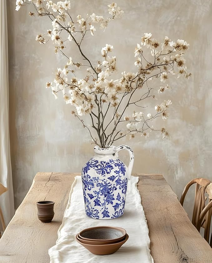 Ceramic Rustic Farmhouse Vase, 9 inch Ceramic Blue and White Vase for Centerpieces Pampas Grass Pottery Jug with Handle Boho Chinoiserie Decor Vintage Vases for Living Room Kitchen Dinner Table Shelf-VerdiqueGarden