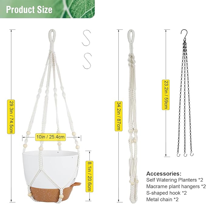 Self Watering Hanging Planters 10 inch, 2 Pack Hanging Baskets for Indoor Outdoor Plants, Hanging Flower Pots with Drainage Holes & 2 Kinds of Plant Hangers for Garden Home Décor, White Brown-VerdiqueGarden