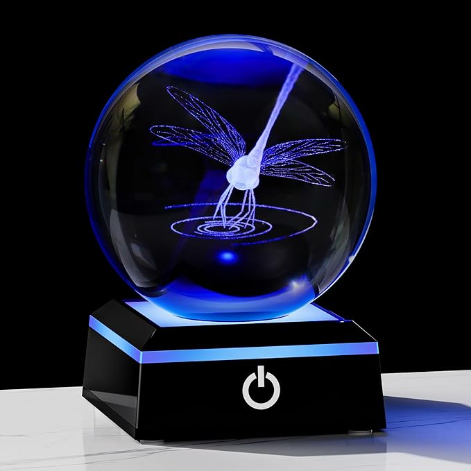 Qianwei Dragonfly Gifts for Women 3D Crystal Ball 3.14'' - Laser Dragonfly Decor Glass Animals Dragonfly Gifts Figurines Statue Stuff for Room Decorations Dragonfly Night Light-VerdiqueGarden