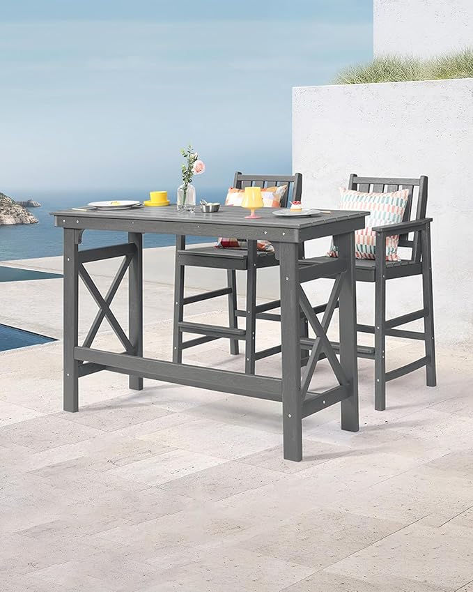 3 Pieces HDPE Outdoor Patio Bar Set, Rectangular Bar Height Table and Chairs Set, Patio Bar Stools Set, HDPE Outdoor Bar Table and Chairs Set for Balcony, Poolside, Porch, Smoke Gray-VerdiqueGarden