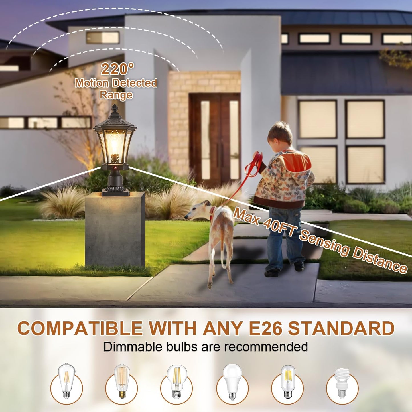 Motion Sensor Outdoor Post Lights with Pier Mount Base, Dusk to Dawn Outdoor Pillar Lamps Waterproof Exterior Post Lamp with Patterned Glass Outdoor Pole Lights for Patio, Porch, Gate-VerdiqueGarden