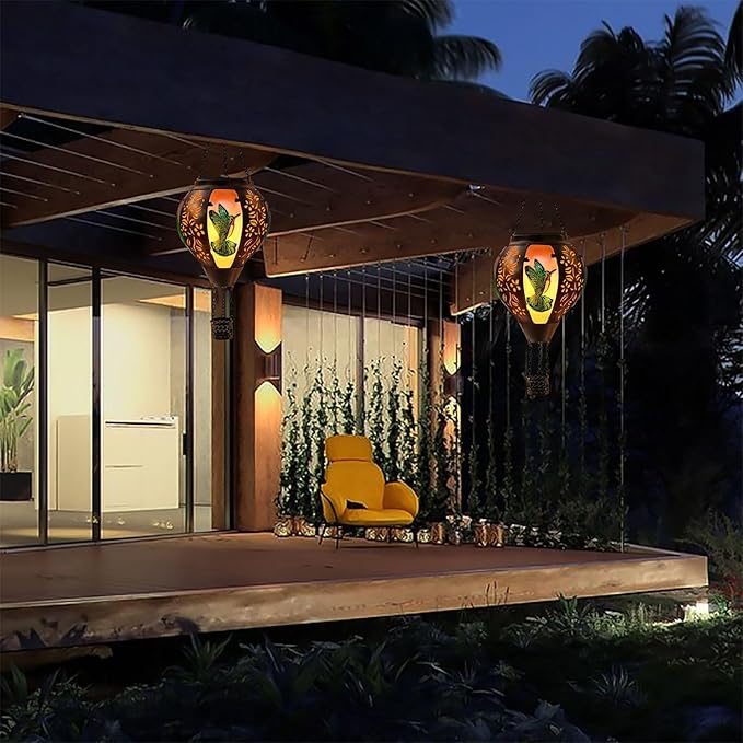 Hot Air Balloon Solar Lantern Outdoor - Flame Hanging Solar Light Waterproof Lanterns for Patio Garden Yard Farmhouse Decor, Great Gift(Hummingbird 2)-VerdiqueGarden