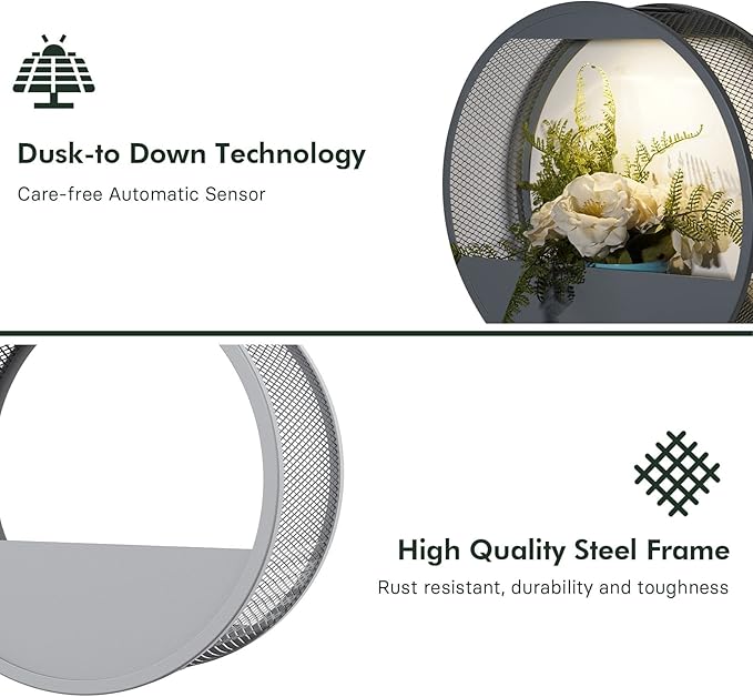 Grand patio Outdoor Circular LED Solar Hanging Wall Sconce Planter, with Dusk to Dawn Sensor Decor Wall Lighting for Garage Doorway Patio Yard, Cement Grey (S-Round)-VerdiqueGarden