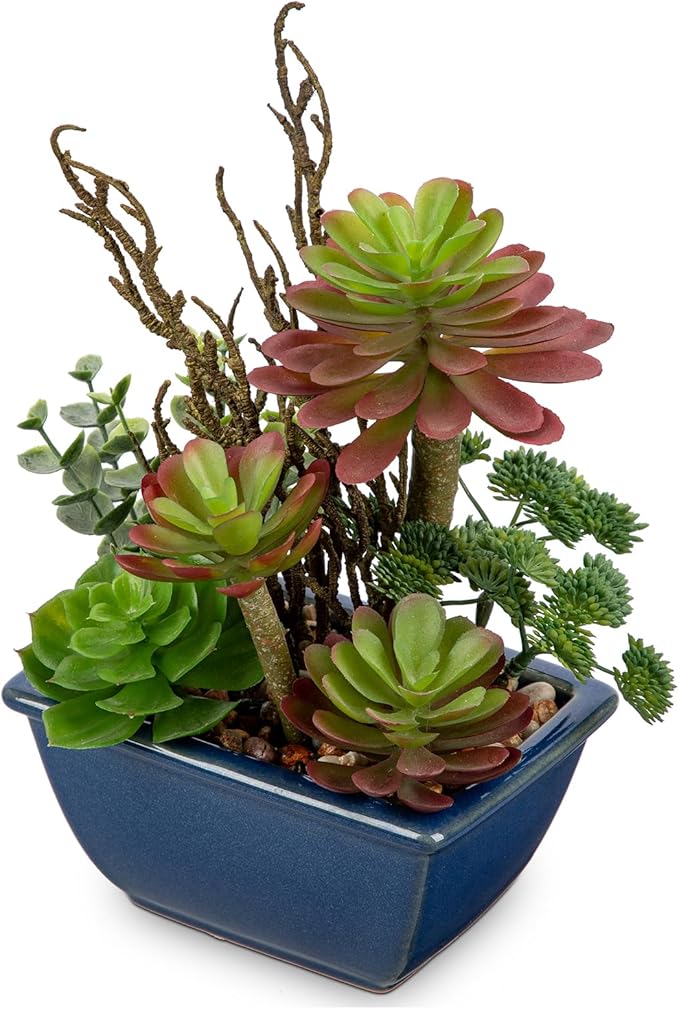 Small Faux Plant Assorted Fake Succulents Plants with Glazed Ceramic Pot Faux Succulents Arrangement Cement Potted Desk Plants Small Fake Plants for Home Table Office Bathroom Shelf Living Room Decor-VerdiqueGarden