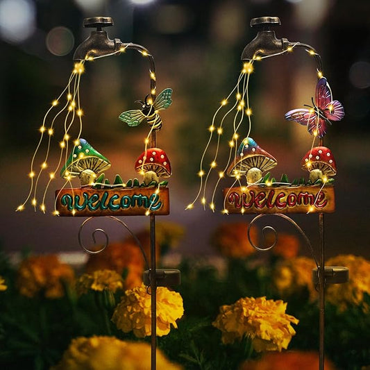 2 Pack 'Welcome' Mushroom & Butterfly Solar Yard Lights - Outdoor Solar Lights for Yard Decorative, Garden Decor Lawn Ornaments, Unique Decorative Garden Stakes for Pathways-VerdiqueGarden