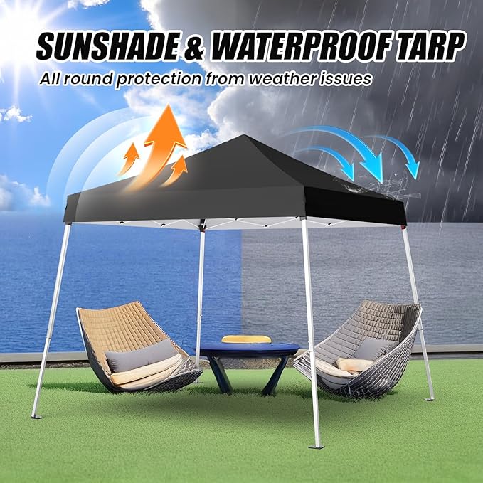 10x10 Pop Up Canopy, 300D Silver Coated Black Fabric Outdoor Gazebo, Beach Tent Slant Legs with Storage Bag,Easy Up Sun Shade Shelter Tents with 8x8 Top Cover for Patio,Party-VerdiqueGarden