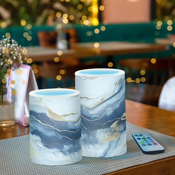 Flickering Flameless Candles, Drak Blue Golden Marble LED Candles with Remote Timer, Set of 2 Battery Operated Candle for Valentine Wedding Birthday-VerdiqueGarden