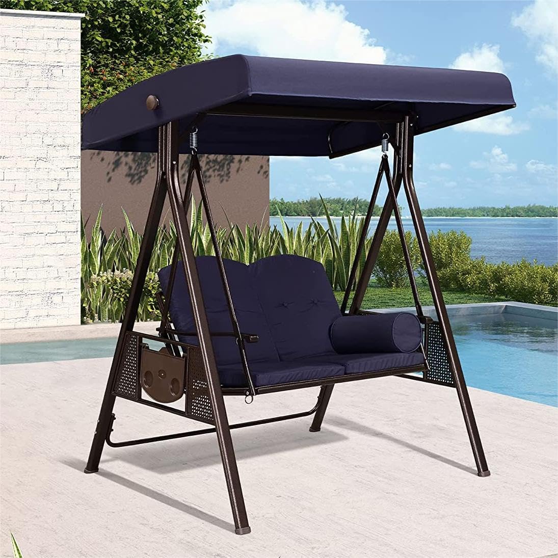 PURPLE LEAF 2-Seat Deluxe Outdoor Patio Porch Swing with Weather Resistant Steel Frame, Adjustable Tilt Canopy, Cushions and Pillow Included, Navy Blue-VerdiqueGarden