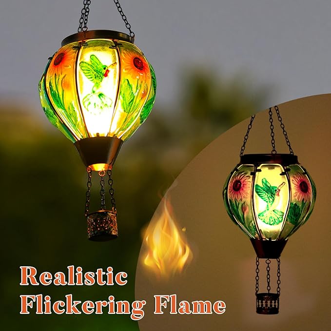 Hummingbird and Sunflower Solar Hot Air Balloon Lantern with Flame, Glass Hot Air Balloon Solar Lantern Outdoor Waterproof, Hanging Solar Lantern for Outside Garden Patio Tree Porch Yard-VerdiqueGarden