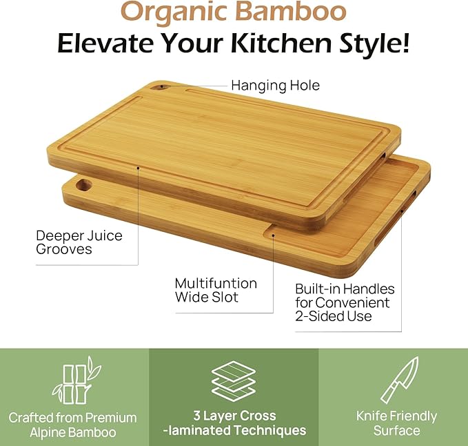 Wood Cutting Board for Kitchen - Reversible Bamboo Cutting Boards Gift Set of 3 with Juice Groove, Wooden Chopping Board for Meat, Fruit, Vegetables & Cheese (Pre Oiled, Natural)-VerdiqueGarden