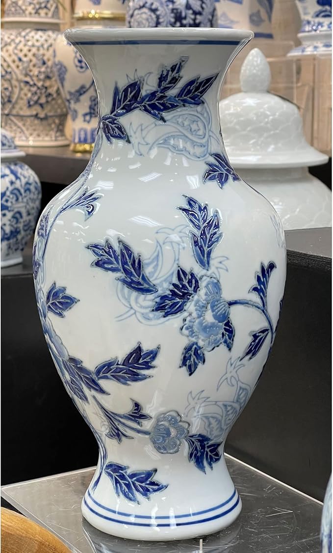 Galt International Blue and White Floral Chinoiserie Ceramic Vase 14" - Hand Painted Antique Style Porcelain Flower Bottle Fishtail Porcelain Chinese Vase for Home Decor Centerpiece-VerdiqueGarden