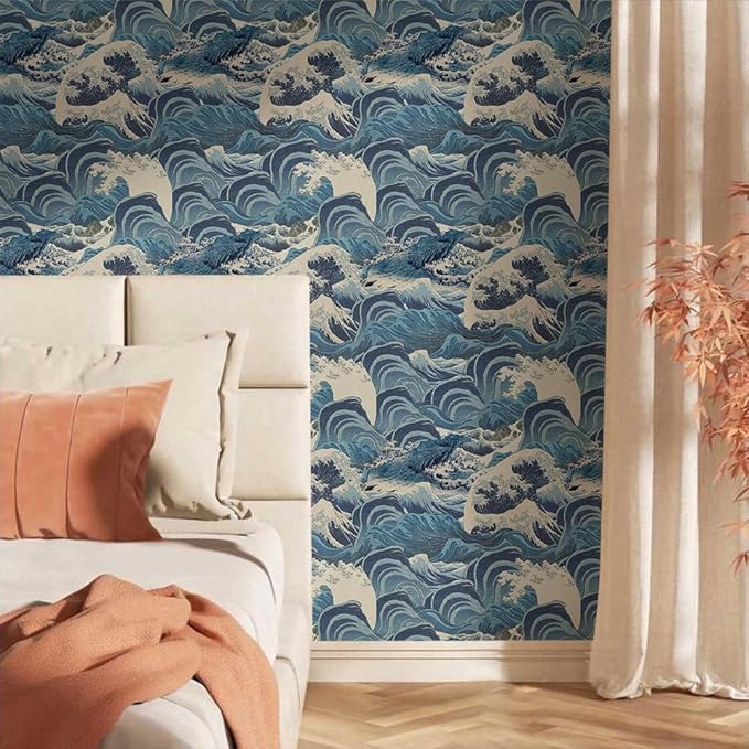 Hand Drawn Blue Sea Wave Reef Peel and Stick Wallpaper Self Adhesive Removable Easy Peel Off Stick on Wall Paper for Bedroom Cabinet Renter Friendly-VerdiqueGarden