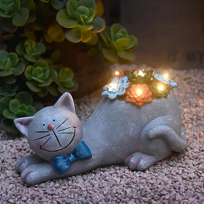 Cat Garden Figurines Outdoor Decor Solar Statue with LED Lights for Patio Lawn Yard Art Decoration Housewarming Garden Gift-VerdiqueGarden