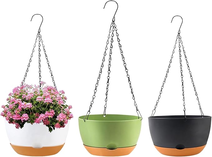 10 inch Hanging Planters for Indoor Outdoor Plants with Self-Watering Pots, 3 Pack Plastic Hanging Basket with Removable Tray for Home Garden Porch Balcony Patio Decor(White+Black+Green)-VerdiqueGarden