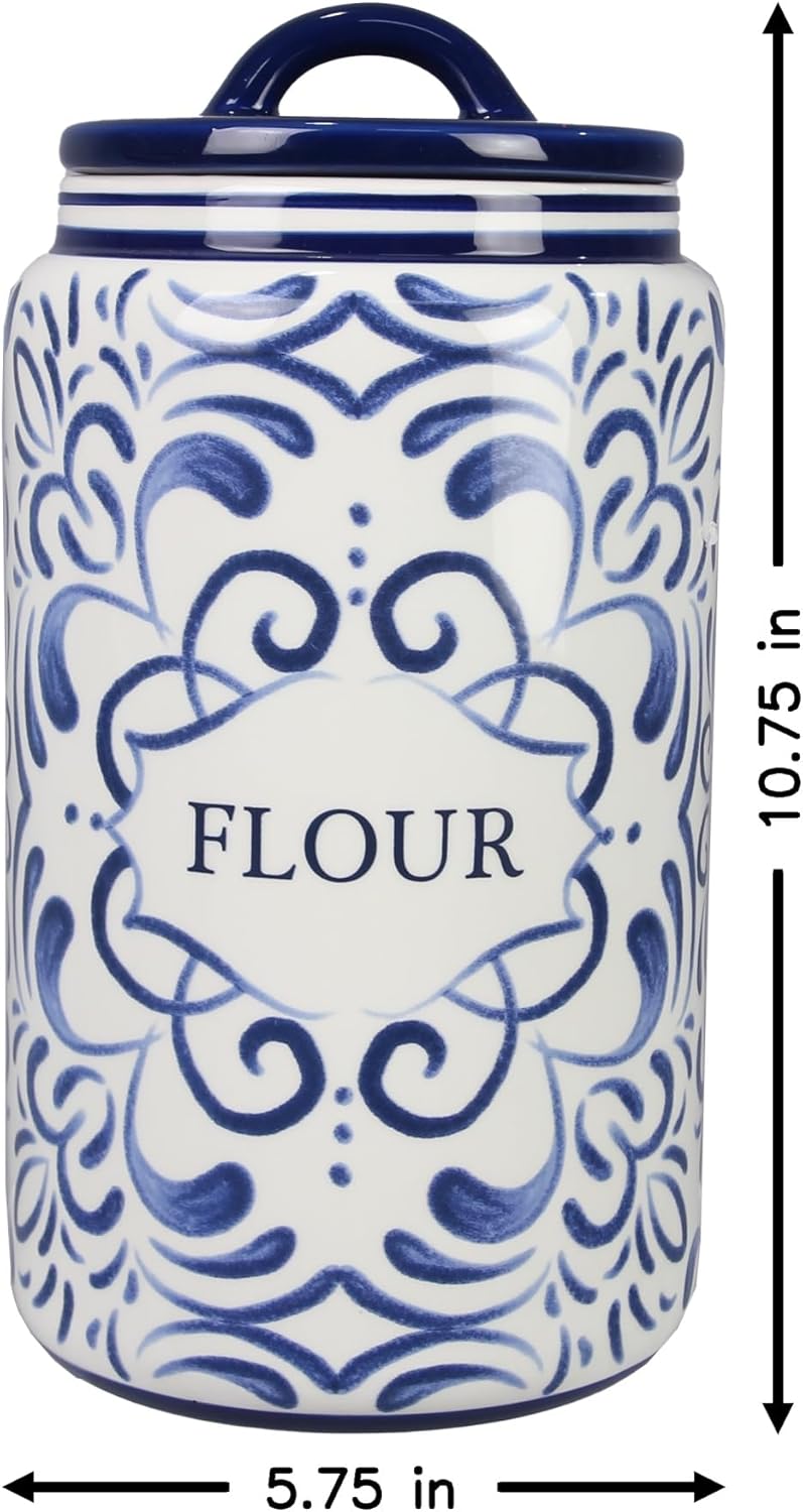 Young's Inc. 4 Pcs Set Talavera Ceramic Canisters- Storage Container for Kitchen and Bathroom - Beautiful Home Decor Accent to Store Food, Coffee, Tea, and More - White, Blue-VerdiqueGarden