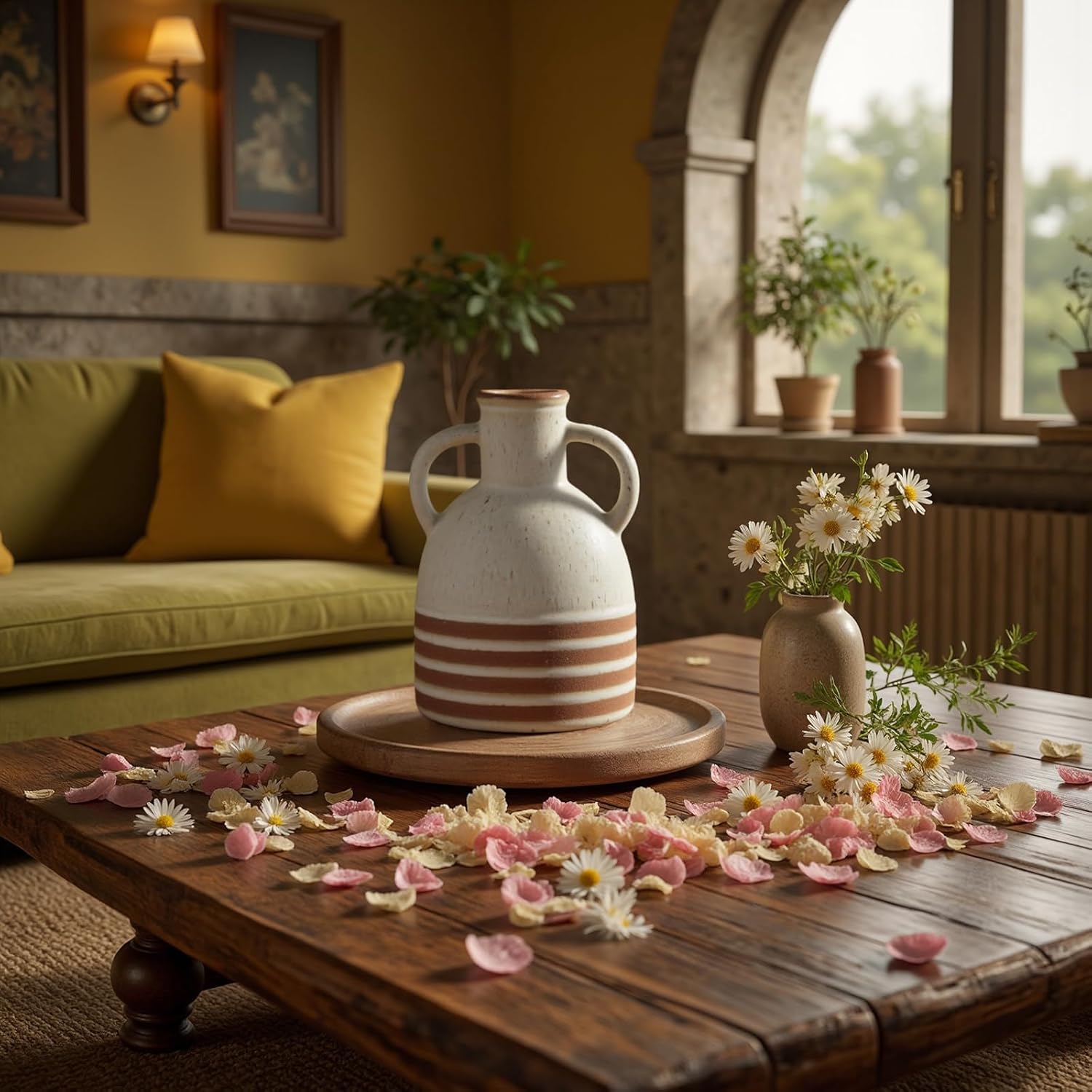 Rustic Farmhouse Ceramic Vase, Pastoral with 2 Ear Design, Boho Vintage Terracotta Vases for Bouquet、Fake Plants, Suitable for Home Decor, Shelf, Dining Table, Living Room, Mantle, Bathroom, 6.9 Inch-VerdiqueGarden