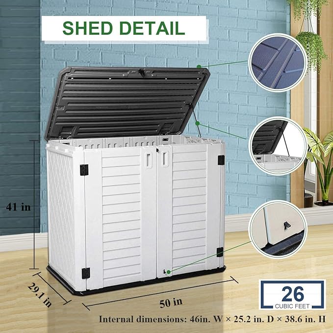 KINYING Outdoor Storage Shed - Horizontal Storage Box Waterproof for Garden, Patios, Backyards, Multi-Opening Door for Easy Storage of Bike, Garbage Cans, Tools, Lawn Mower, Off-White, 26 Cubic Feet-VerdiqueGarden