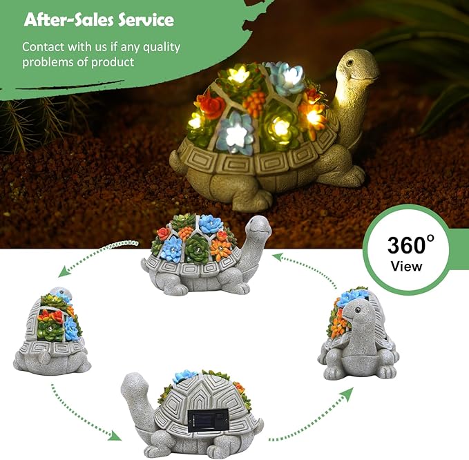 Nacome Solar Garden Outdoor Statues Turtle with Succulent and 7 LED Lights - Lawn Decor Tortoise Statue for Patio, Balcony, Yard Ornament - Unique Housewarming Gifts-VerdiqueGarden