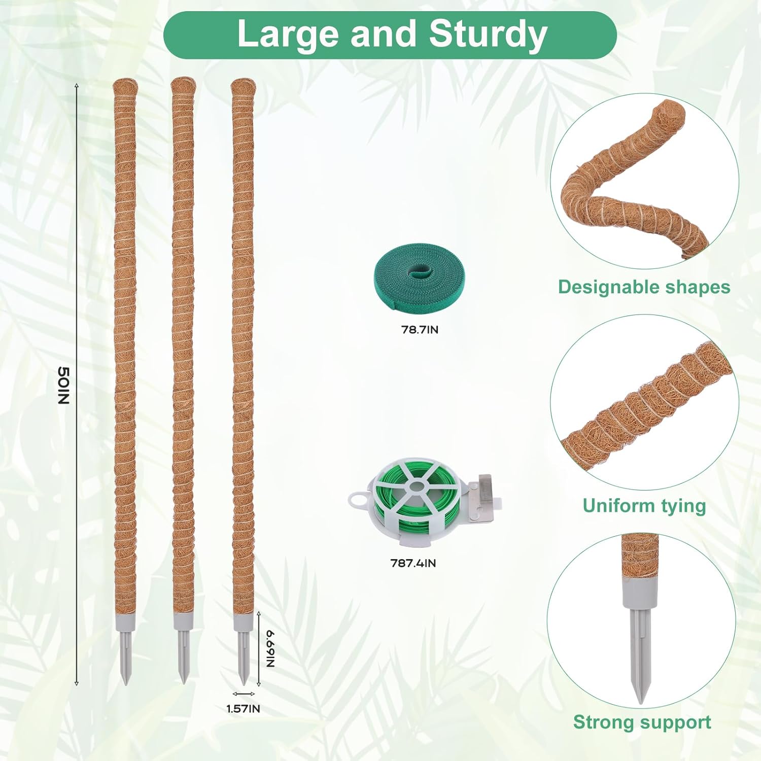 3 Pack Moss Pole, 50 Inch Monstera Plant Support, Tall Moss Poles for Climbing Plants Indoor DIY, Coco Coir Plant Pole Moss Plant Stick Support Stake Kit for Potted Plants, Pothos, Philodendron-VerdiqueGarden