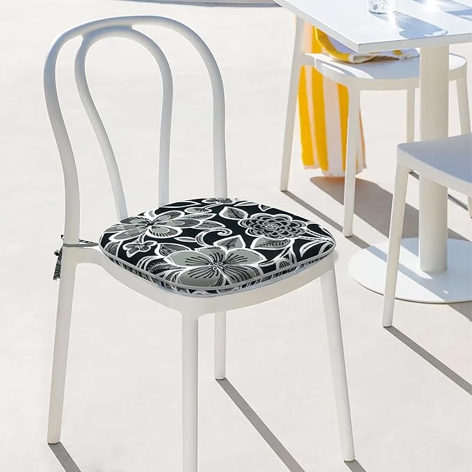 Indoor/Outdoor Chair Cushions 16x17 Inch, Patio Chair Cushions with Ties, All Weather Seat Cushions for Patio Furniture Home Garden Chair Use, Set of 4,Flower Black-VerdiqueGarden