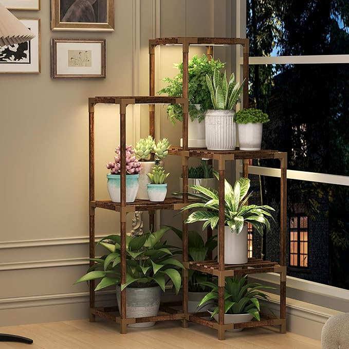 HOMKIRT Corner Plant Stand with Grow Lights, Plant Shelf Indoor for Multiple Plants, Wood Plant Rack Holder Flower Stand for Patio Porch-VerdiqueGarden