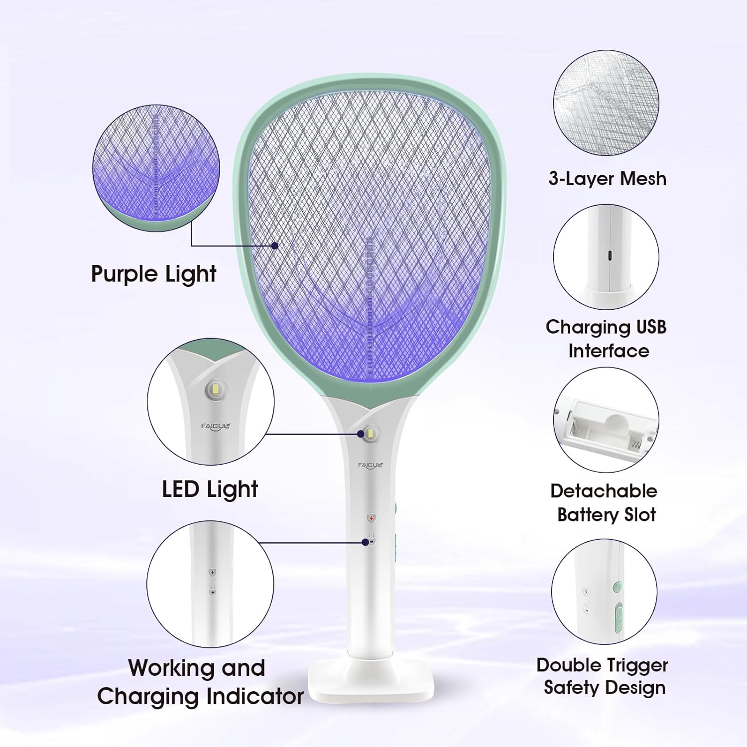Faicuk Rechargeable Handheld Bug Zapper Racket 2 in 1 Electric Fly Swatter (2 in 1 Green)-VerdiqueGarden