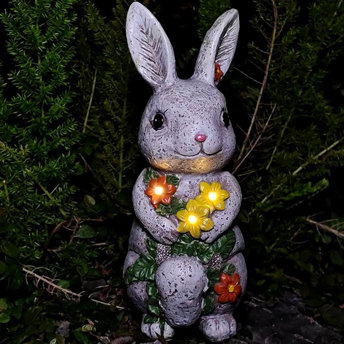 Solar Easter Rabbit Statue - Rock-Like Design with Flower Lamp Beads Woman Gifts Resin Easter Bunny Sculpture for Indoor and Outdoor Statue Decor, Garden Decoration-VerdiqueGarden