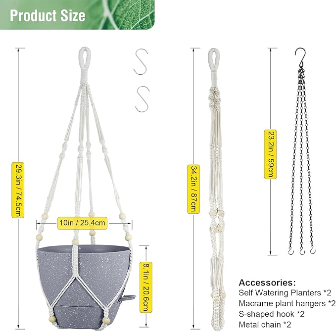 Self Watering Hanging Planters 10 inch, 2 Pack Hanging Flower Pots for Indoor Outdoor Plants, Hanging Baskets with Drainage Holes & 2 Kinds of Plant Hangers for Garden Decor, Speckled Grey-VerdiqueGarden
