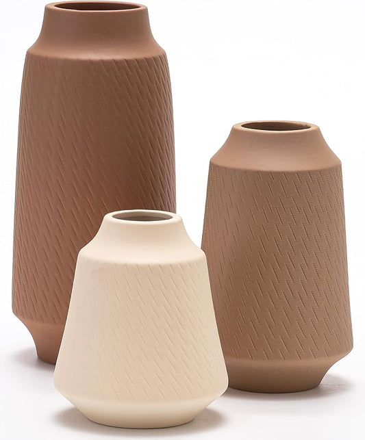 Ceramic Vase Set of 3, Modern Multicolor Pattern Flower Vases for Home Decor, Office, Centerpieces, Boho Farmhouse Style (Khaki/Brown/Beige)-VerdiqueGarden