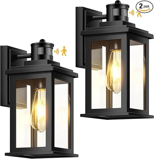 VIANIS Motion Sensor Outdoor Light, 2 Packs Exterior Lights for House, Black Waterproof Dusk to Dawn Outside Porch Lights Lantern for Garage Patio Doorway,Distance Adjustable(Hardwired, not Solar)-VerdiqueGarden