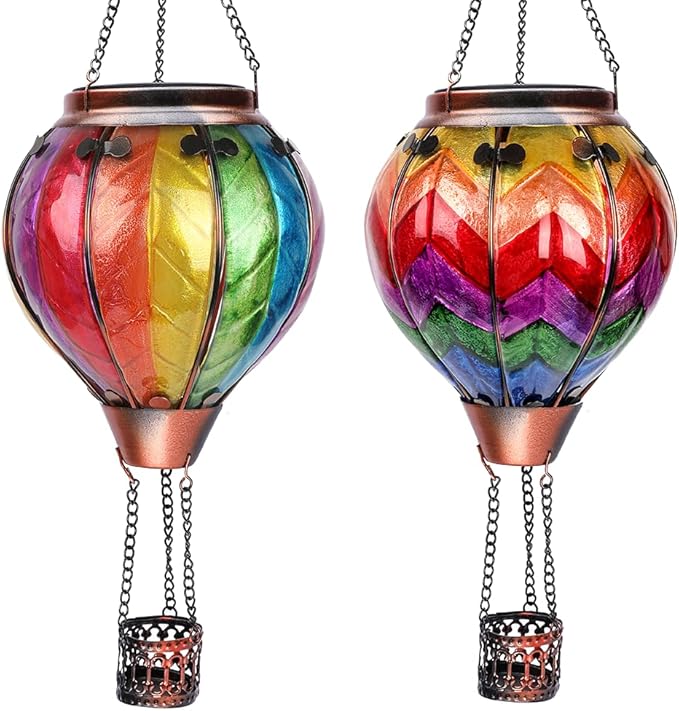 Hot Air Balloon Solar Lantern with Flickering Flame Hanging Solar Lanterns Outdoor Lights Waterproof Lanterns Decorative Garden Patio Yard Party Decor Colorful + Wavy-Colorful-VerdiqueGarden