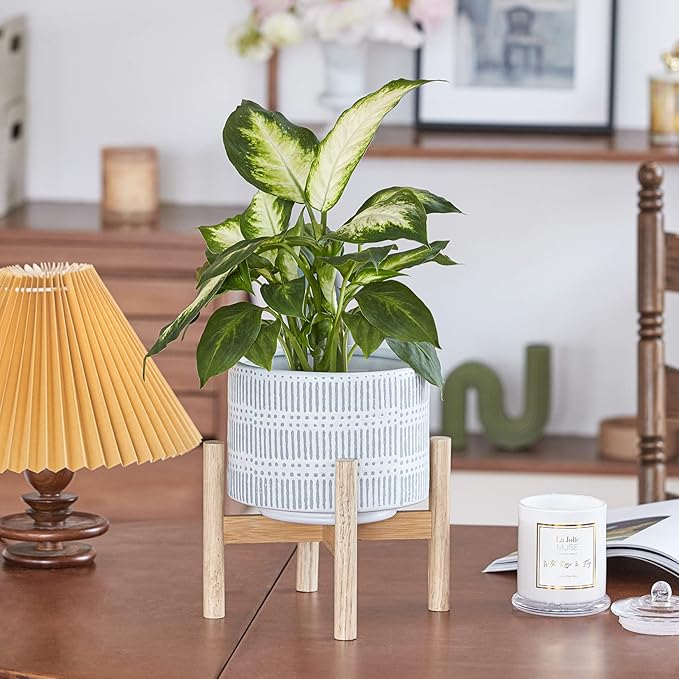LA JOLIE MUSE Ceramic Plant Pot with Wood Stand - 7.3 Inch Modern Round Decorative Flower Pot Indoor with Wood Planter Holder, Slate Blue and White-VerdiqueGarden
