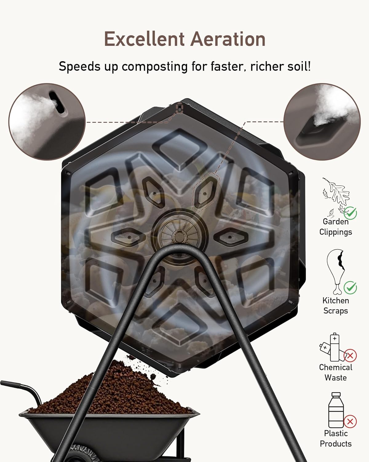 THEGROW'ING Updated 43 Gallon Compost Bin Outdoor, Fast Assemble Tumbling Composter, Dual Chamber Composter Tumbler, Rotating Compost Bin for Outside, Backyard, Garden and Yard, Coffee-VerdiqueGarden