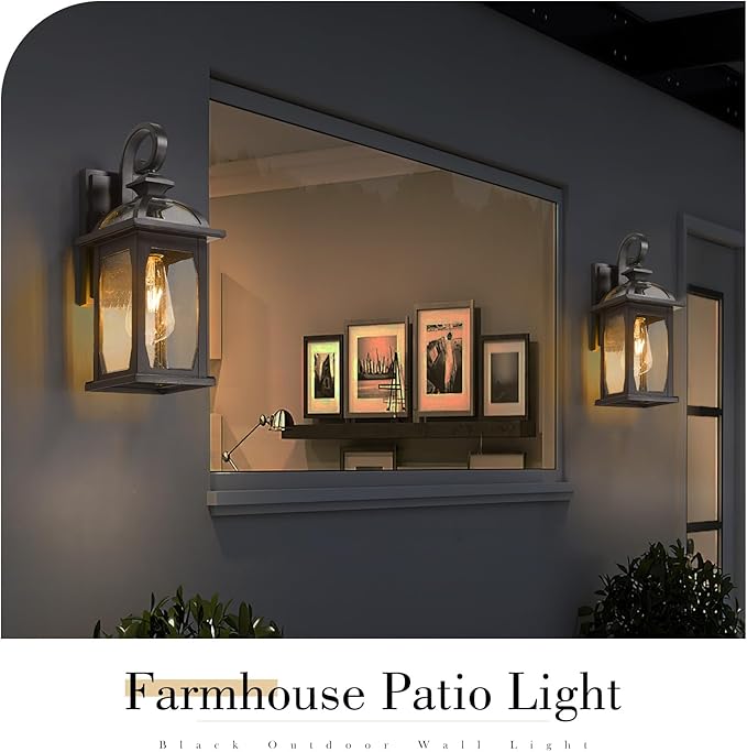 zeyu 2 Pack Outdoor Wall Lantern for Porch, 15 Inch Patio Wall Light Fixture Exterior Lights for House, Die-Cast Aluminum, Black Finish with Seeded Glass, ZD100B-2PK BK-VerdiqueGarden