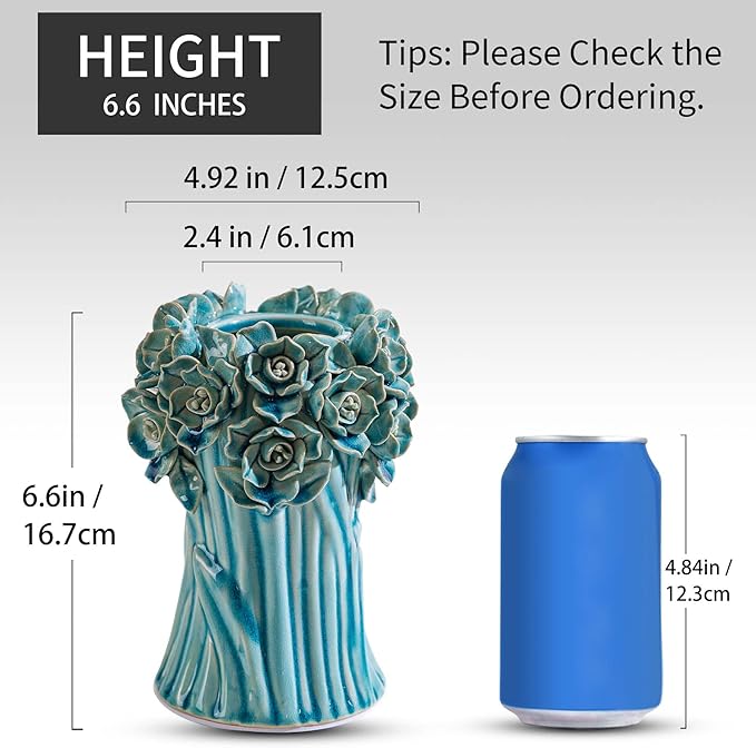 Handmade Blue Ceramic Vase with 3D Flowers, Blue Bud Wedding Bouquets Vases for Centerpieces, Vintage Floral Vase for Home Cottage Core Decor, Decorative Vases for Living Room, Housewarming Gift 6.6In-VerdiqueGarden