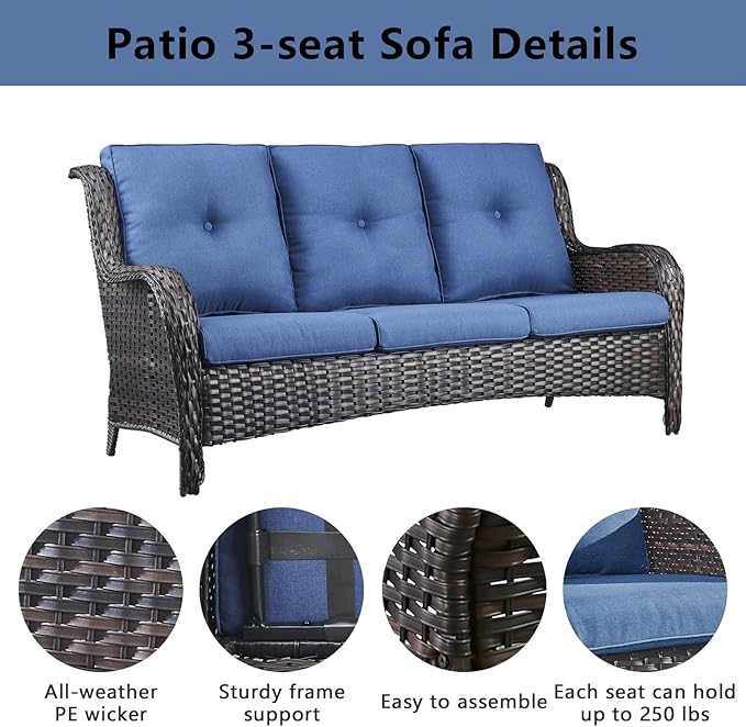 Wicker Patio Furniture Sets - 13 Piece Outdoor Rattan Furniture Conversation Sets with 4 Swivel Rocker Chairs, 2 Rattan Sofas, Wicker Ottomans and Coffee Table, Brown/Blue-VerdiqueGarden