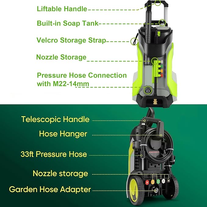 Electric Pressure Washer 5000PSI 4.0GPM Power Washers with M22-14mm Pressure Hose 33FT, Power Sprayers High Pressure with 1/4" QC Compatible Surface Cleaner for Home Cars Driveways, LGreen-VerdiqueGarden