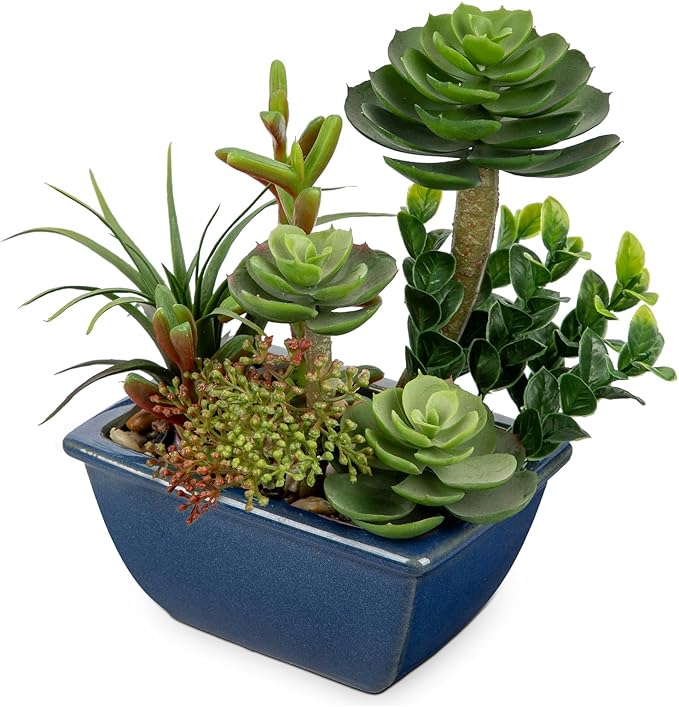 Small Faux Plant Assorted Fake Succulents Plants with Glazed Ceramic Pot Faux Succulents Arrangement Cement Potted Desk Plants Small Fake Plants for Home Table Office Bathroom Shelf Living Room Decor-VerdiqueGarden