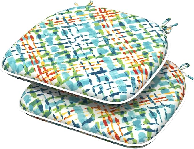 Indoor/Outdoor Chair Cushions 16x17 Inch, Patio Chair Cushions with Ties, All Weather Seat Cushions for Patio Furniture Home Garden Chair Use, Set of 2,Acapa Opal Geometric-VerdiqueGarden