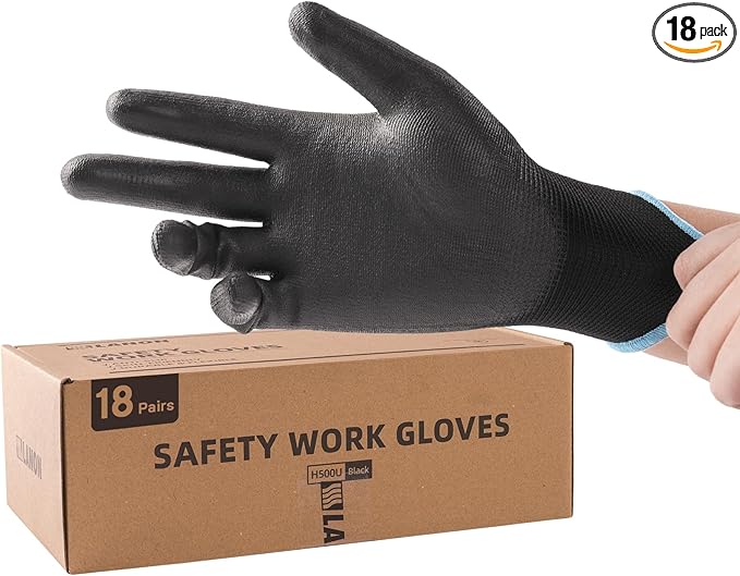 LANON Safety Work Gloves for Men and Women, 18 Pairs Mechanic Black Working Gloves with Grip Odorless PU Coated, Seamless Knit, Full Fingertip Touchscreen for Light Duty Working Gloves, Small-VerdiqueGarden