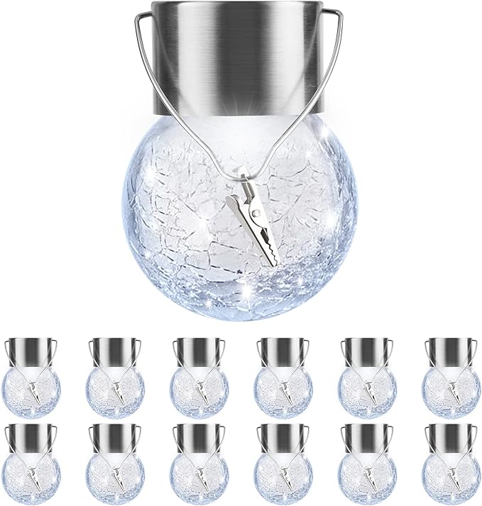 PARTPHONER 12 Pack Hanging Solar Lights Outdoor, Waterproof Solar Globe Lantern with Handle and Clip, Decorative Cracked Glass Ball Lights for Christmas Decor, Tree, Yard, Garden, Patio (Cold White)-VerdiqueGarden
