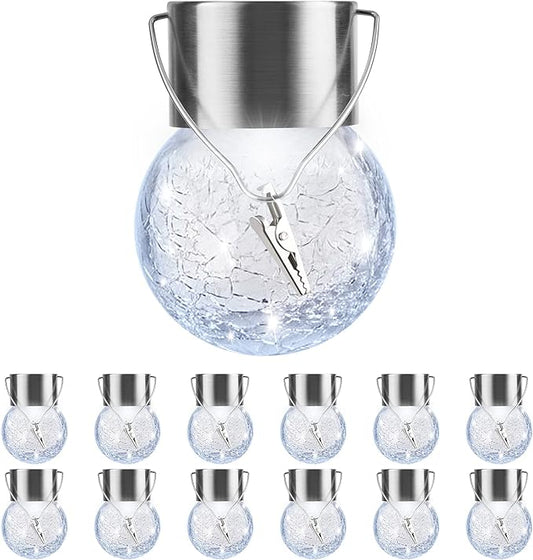 PARTPHONER 12 Pack Hanging Solar Lights Outdoor, Waterproof Solar Globe Lantern with Handle and Clip, Decorative Cracked Glass Ball Lights for Christmas Decor, Tree, Yard, Garden, Patio (Cold White)-VerdiqueGarden
