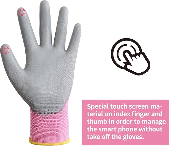 DULFINE Work Gloves for Men PU Coated 12 Pairs Bulk Pack,Pink Seamless Knit Glove with thin Polyurethane,Two Finger Touchscreen, for Men and Women, Ideal for Light Duty Work. (Extra Large)-VerdiqueGarden