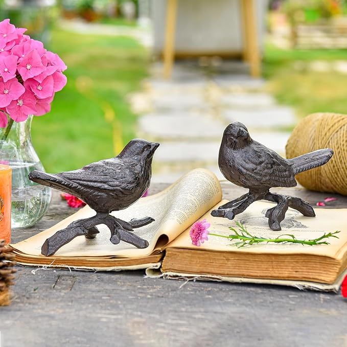 Sungmor Cast Iron Small Bird Statues, Set of 2 Realistic Rust Brown Bird with Branch Collectible Figurines, Farmhouse Home Garden Decorative Sculpture, Indoor and Outdoor Ornaments-VerdiqueGarden