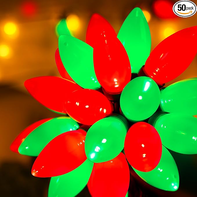 C9 Bulbs Classic Christmas Lights - 50 LED 32ft Strawberry String Light Red&Green - Extendable 8 Modes Funtion with Timer Fairy Lighting for Outdoor, Indoor, Party, Home, Tree Decorations-VerdiqueGarden