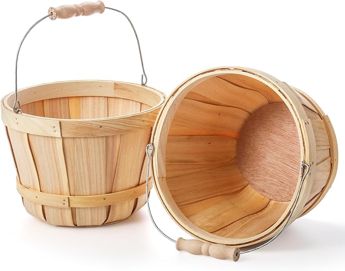 Okllen 2 Pack Round Wooden Baskets with Handle, Empty Wood Fruit Buckets, Easter Basket Fall Harvest Basket for Display Fruits Vegetables, Home Garden and Party Supplies, Natural Color-VerdiqueGarden