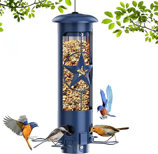 Squirrel Proof Bird Feeders for Outdoors Hanging, Metal Squirrel Proof Bird Feeder with Gravity Protection, 3LB Large Capacity Wild Bird Feeders for Outside Finch, Cardinal, Blue Jay (Blue)-VerdiqueGarden