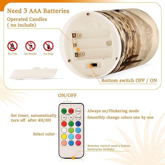 Western Desert Cowboy Flameless Candles with Remote Control and Timer, Adjustable Brightness Long Lasting Battery Operated LED Pillar Candles for Indoor Outdoor Party Home Decor, 2 Pack-VerdiqueGarden